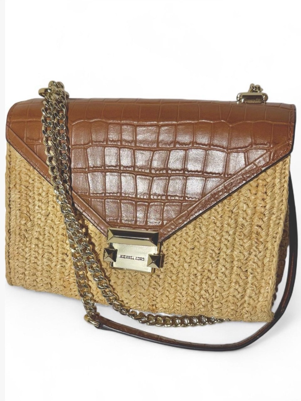 Michael Kors Whitney Large Raffia Crocodile Leather Convertible Shoulder Bag